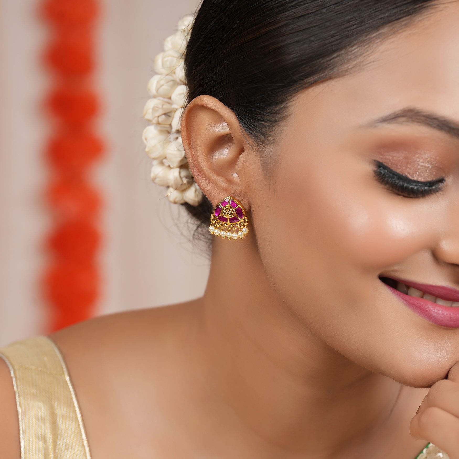 Cute elegant ruby stud pearl drop earring