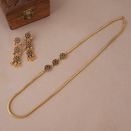 Long antique gold stone side brooch necklace set