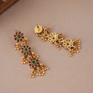 Long antique gold stone side brooch necklace set