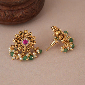 Amazing antique gold floral kundan stone drop earring