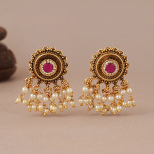 Cute antique gold stone pearl drop earring