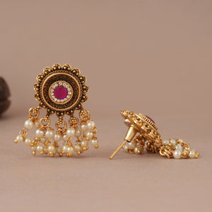 Cute antique gold stone pearl drop earring