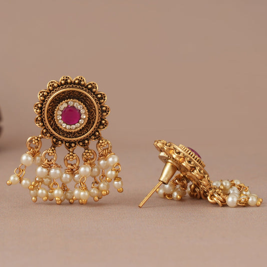 Cute antique gold stone pearl drop earring