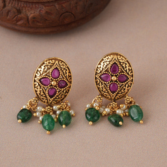 Cute oval ruby stone antique gold earring