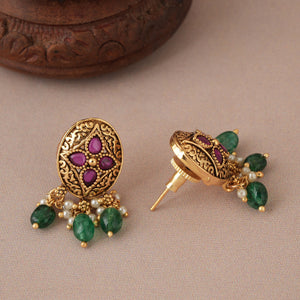 Cute oval ruby stone antique gold earring