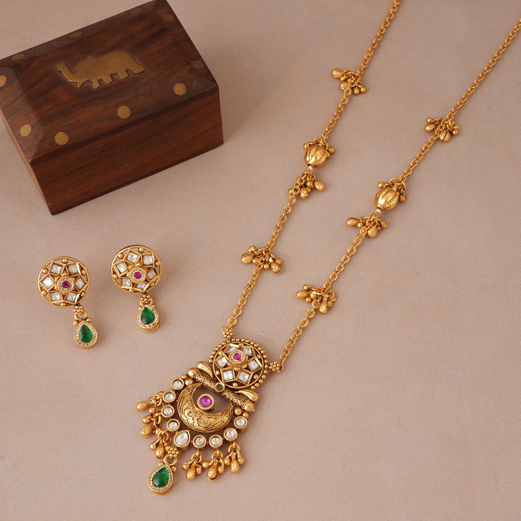 long stunning antique gold multicolor rajwadi necklace set I Buy