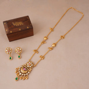 long stunning antique gold multicolor rajwadi necklace set