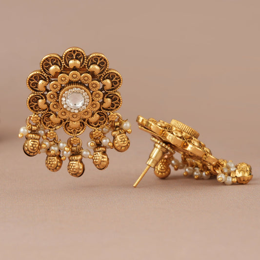 Stunning floral kundan antique gold ball drop earring