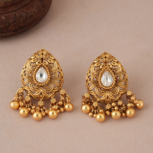 Stunning carved antique gold kundan dangler earring