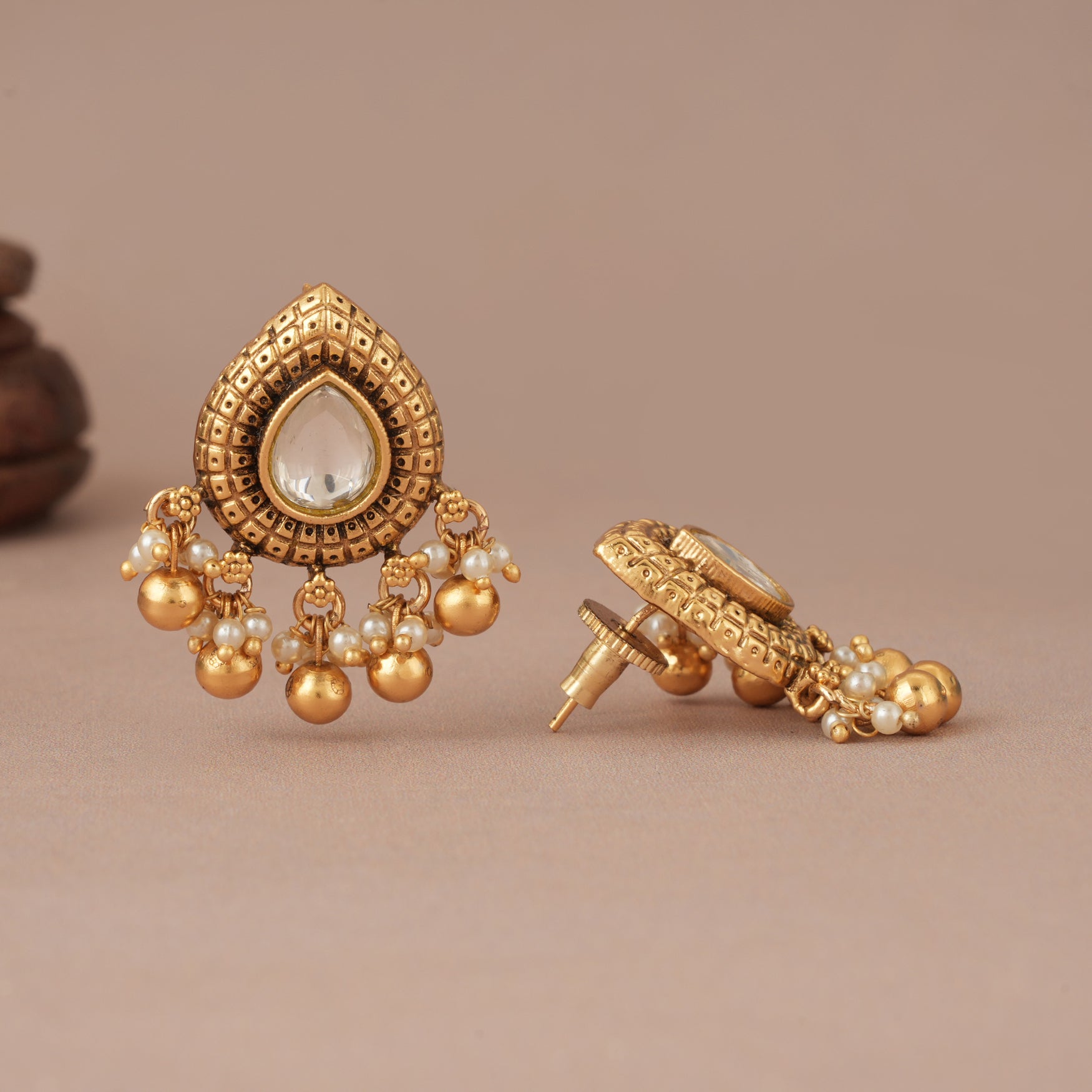 Stunning ball drop kundan antique gold earring