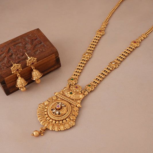 Beautiful antique gold long stone traditional necklace set