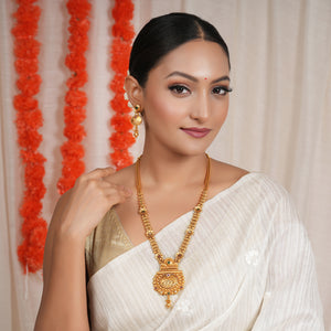 Traditional stone antique gold long necklace set