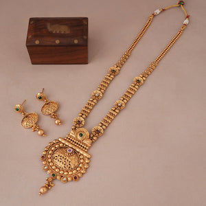 Traditional stone antique gold long necklace set
