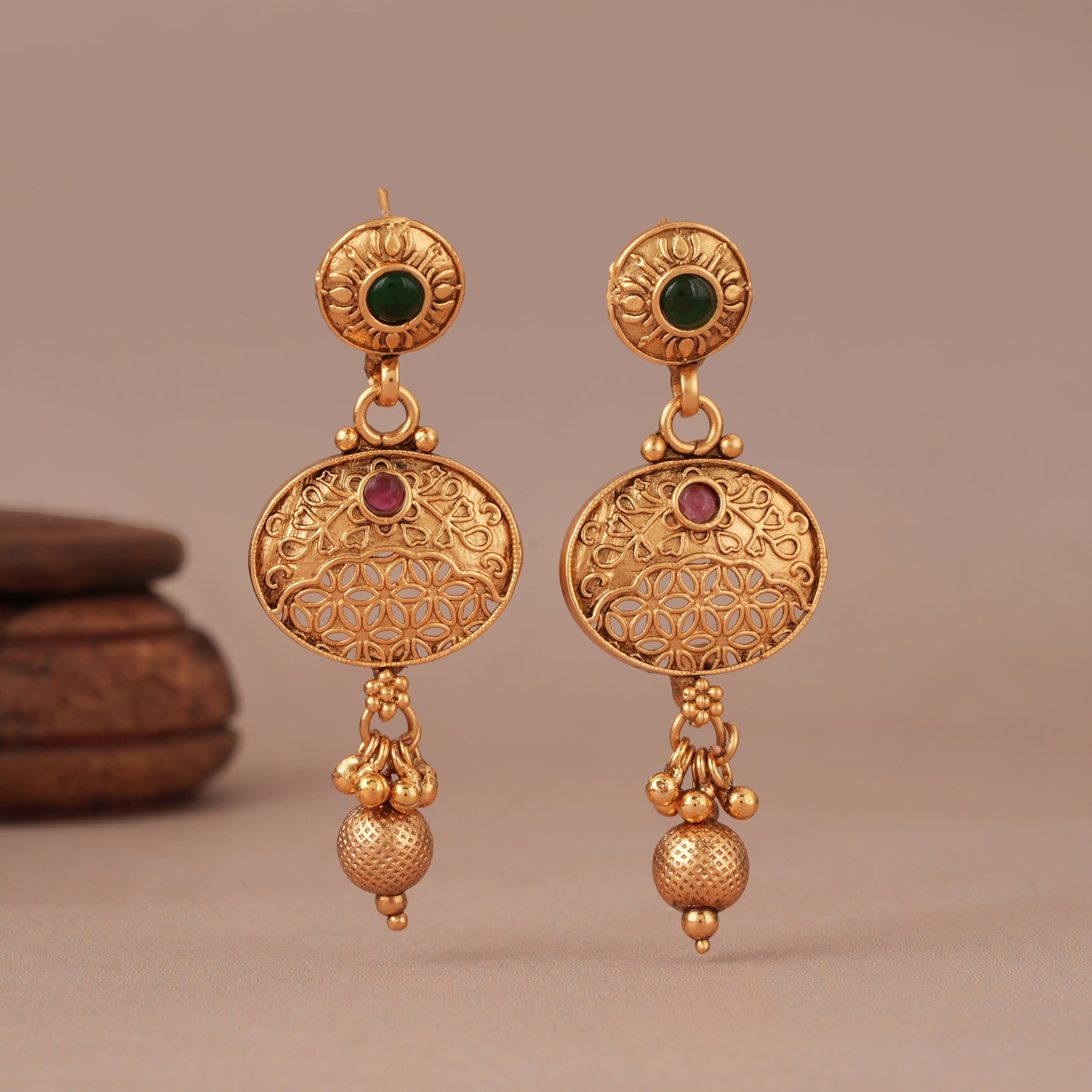 Traditional stone antique gold long necklace set