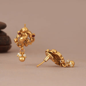 Cute peacock antique gold pearl drop earring