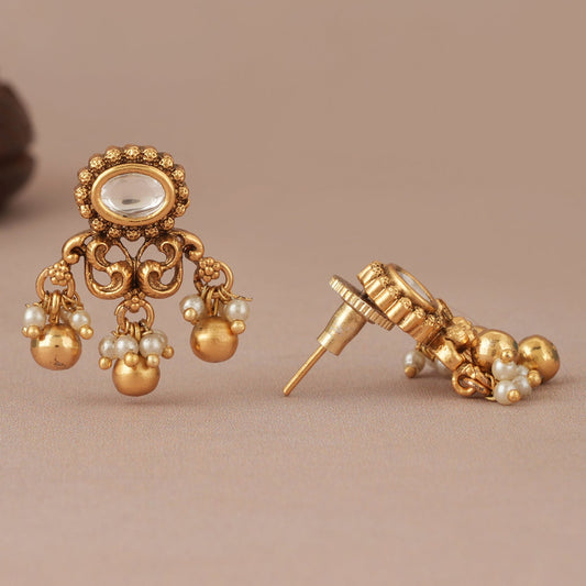 Pearl drop kundan antique gold earring