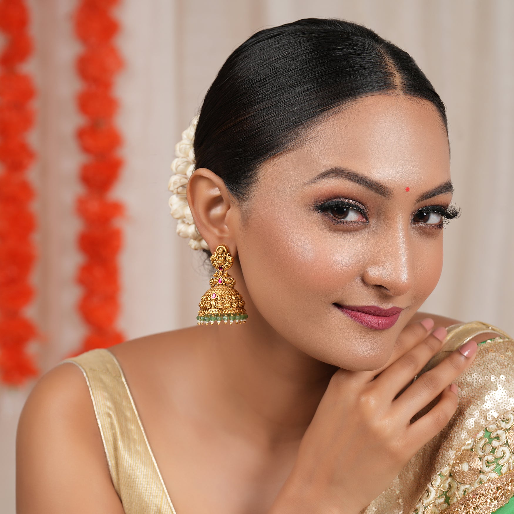 Stunning long antique gold jhumka stone traditional maa Lakshmi earring