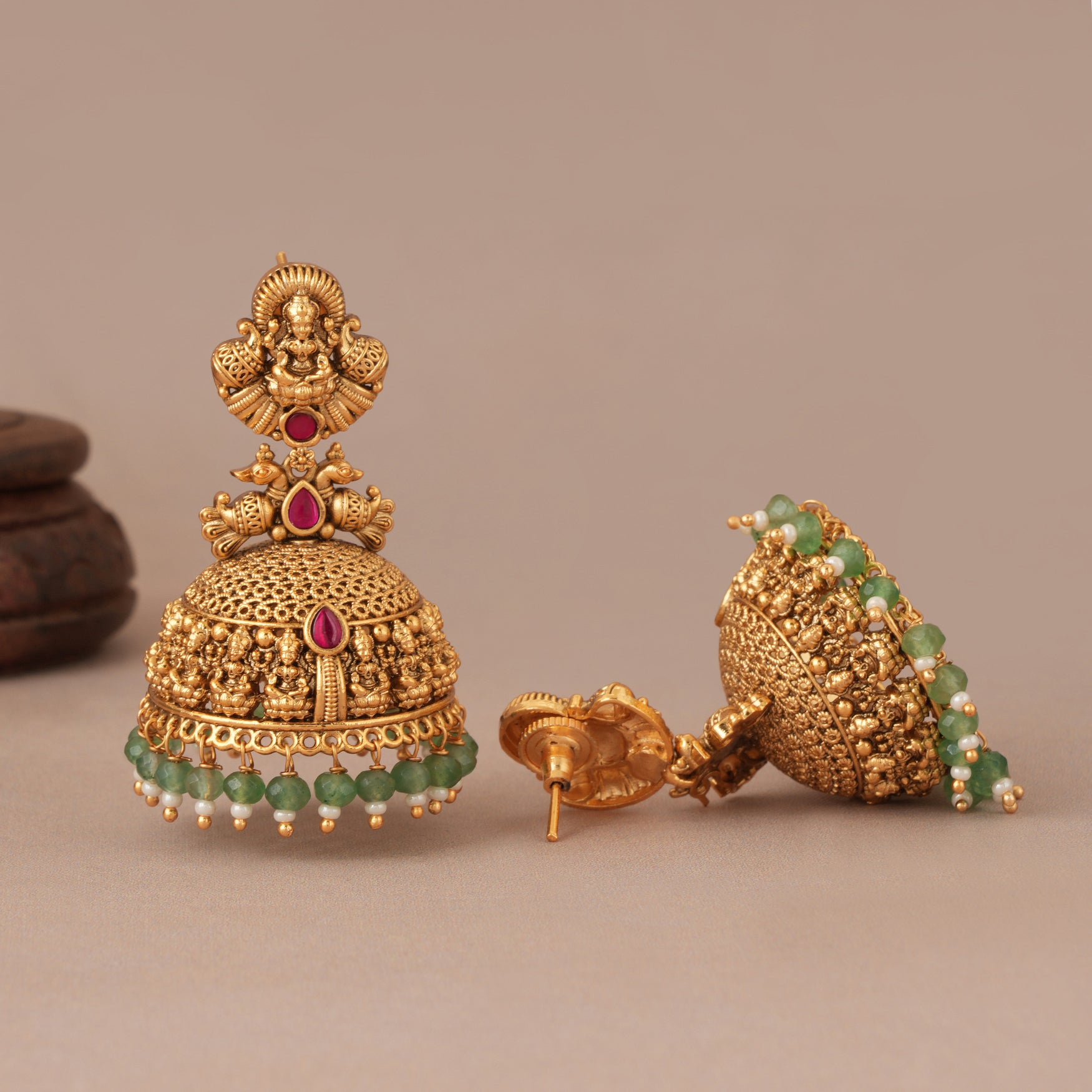 Stunning long antique gold jhumka stone traditional maa Lakshmi earring