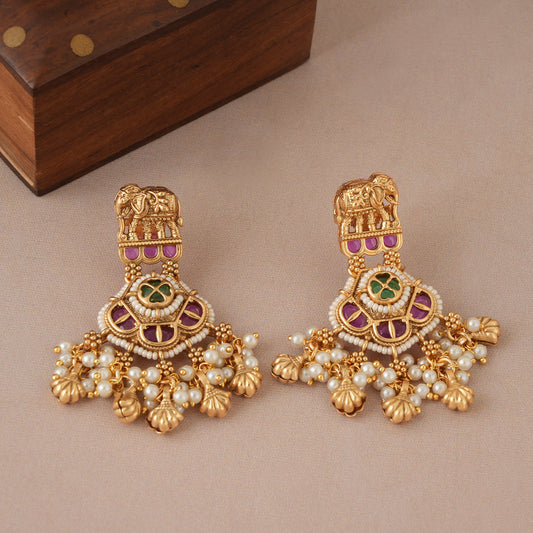 Beautiful antique gold multicolor stone rajwadi dangler earring