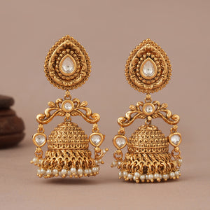 Long traditional antique gold pearl drop jhumka earring