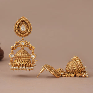 Long traditional antique gold pearl drop jhumka earring