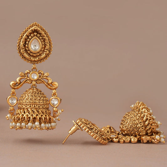 Long traditional antique gold pearl drop jhumka earring