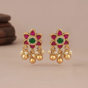 Cute floral stone ball drop antique gold earring