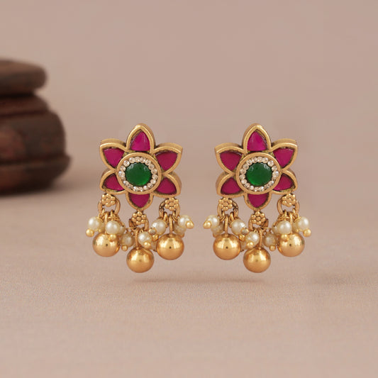 Cute floral stone ball drop antique gold earring