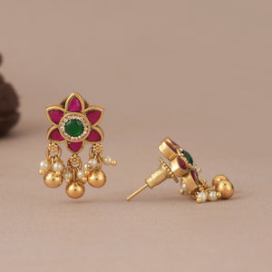 Cute floral stone ball drop antique gold earring