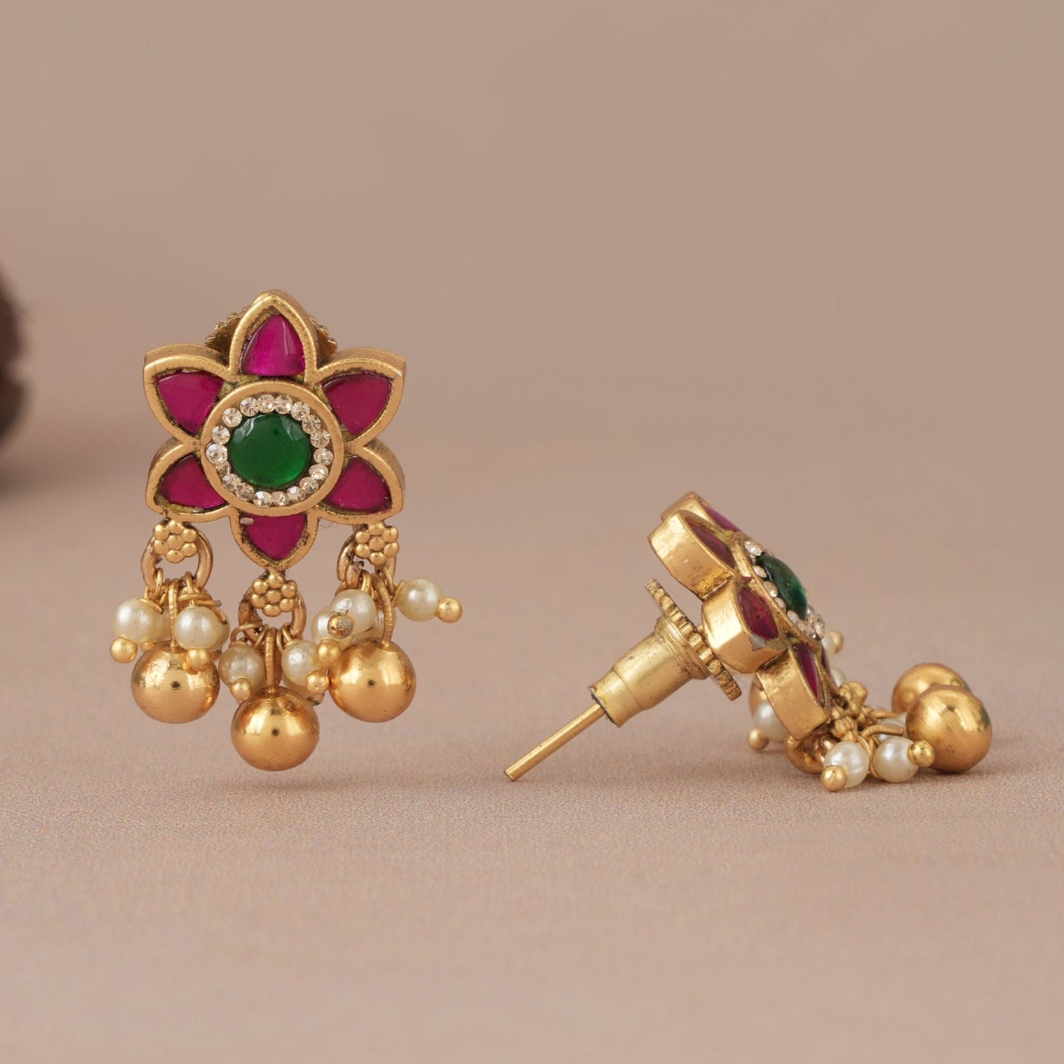 Cute floral stone ball drop antique gold earring