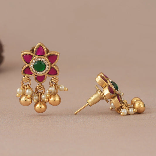 Cute floral stone ball drop antique gold earring