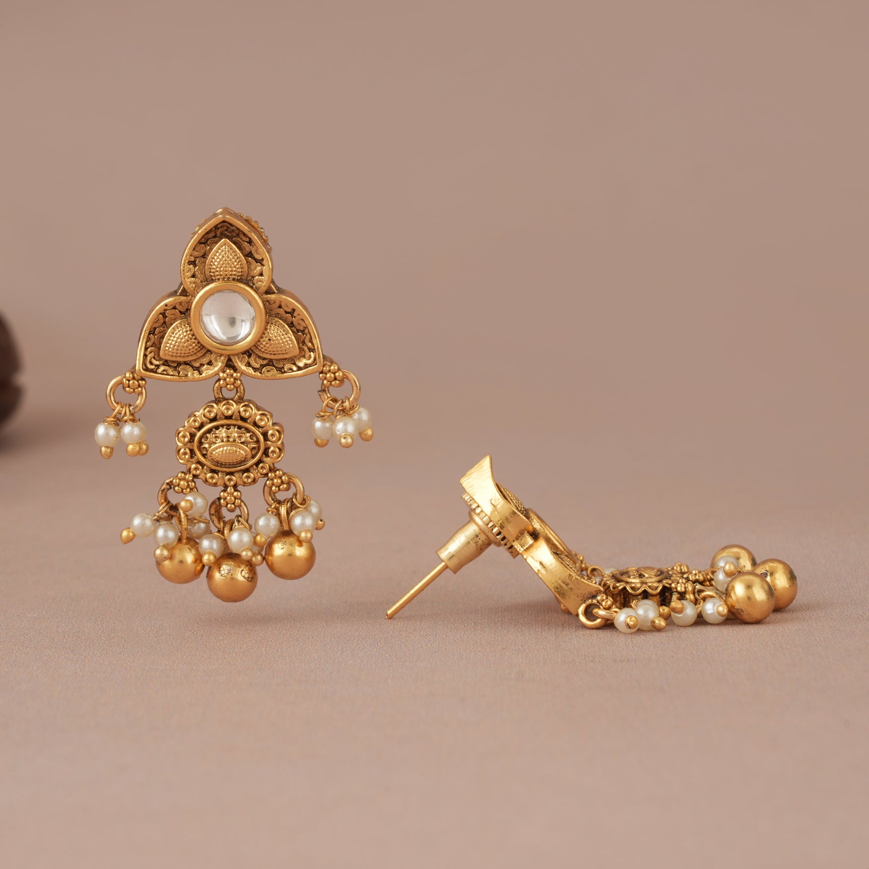 Pearl dop antique gold kundan traditional earring