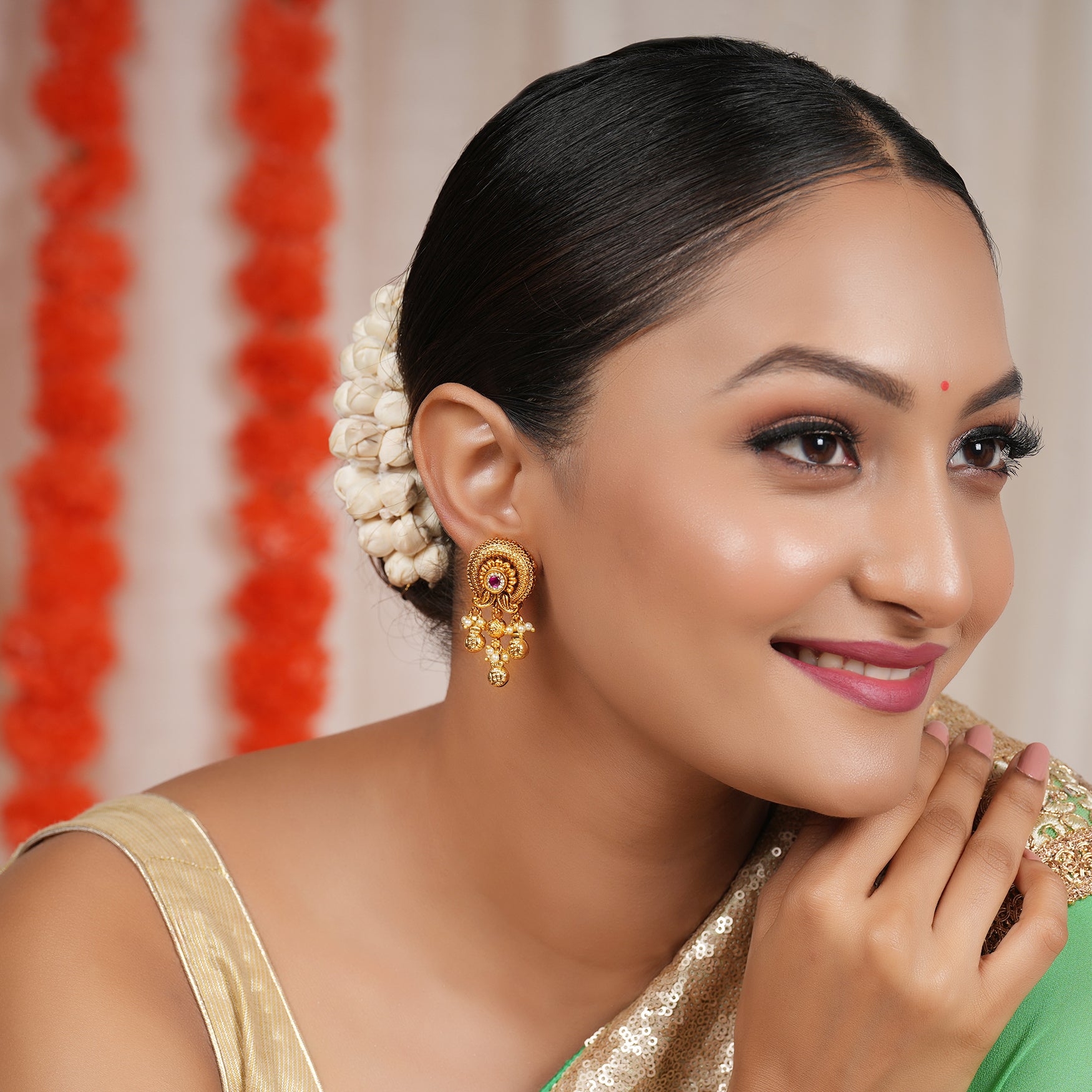 Antique gold long traditional stone earring