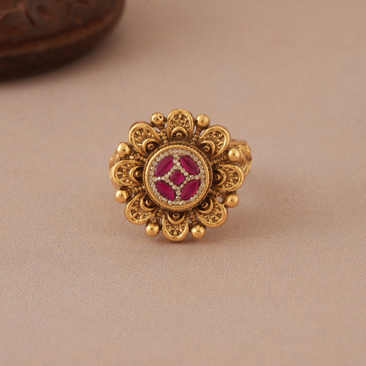 Stunning floral antique gold stone adjustable finger ring