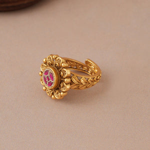 Stunning floral antique gold stone adjustable finger ring