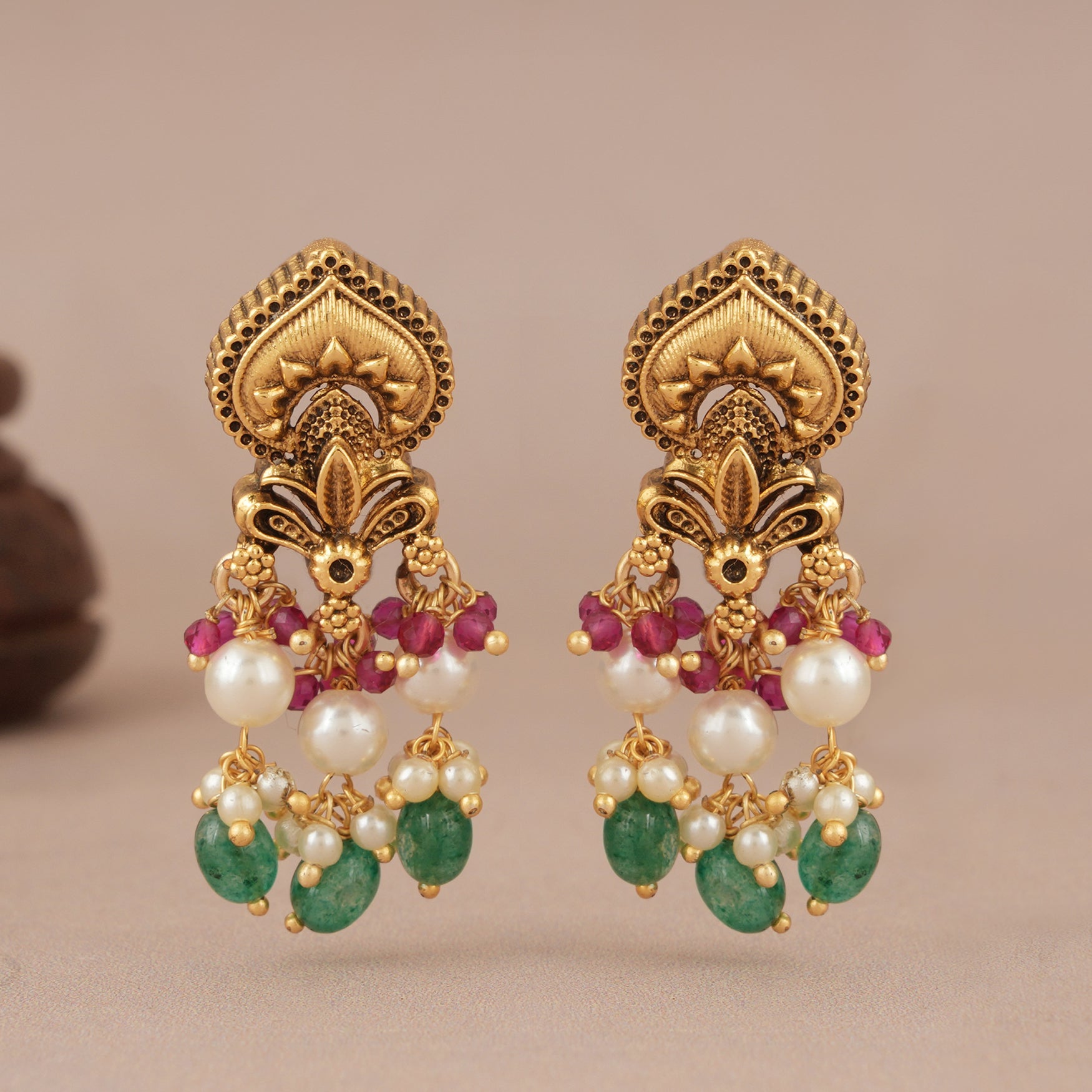 Cute long antique gold multicolor traditional earring