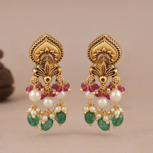 Cute long antique gold multicolor traditional earring