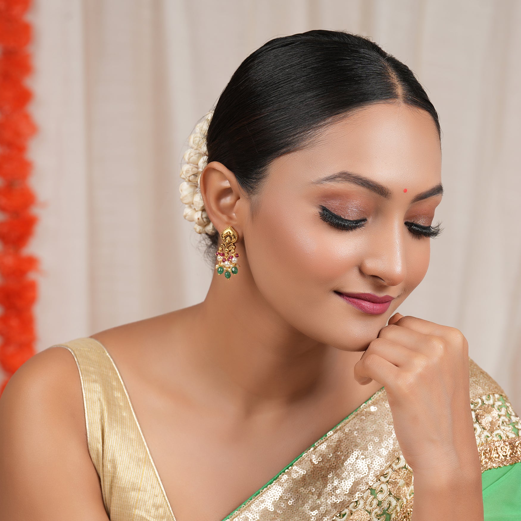 Cute long antique gold multicolor traditional earring