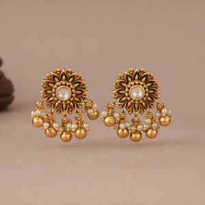 Stunning antique gold kundan pearl drop floral earring