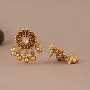 Stunning antique gold kundan pearl drop floral earring