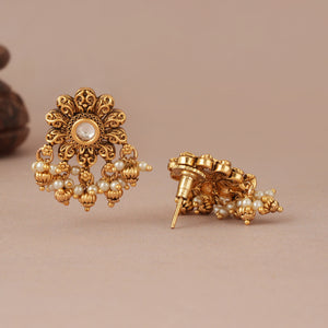 Floral antique gold pearl drop kundan earring