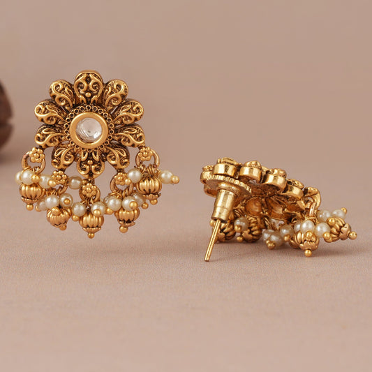 Floral antique gold pearl drop kundan earring