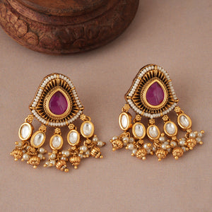Stunning antique gold kundan stone pearl drop earring