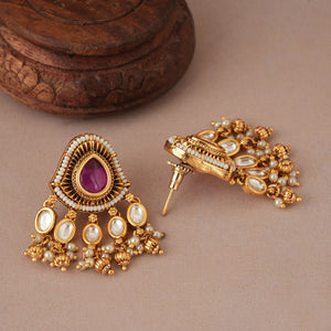 Stunning antique gold kundan stone pearl drop earring