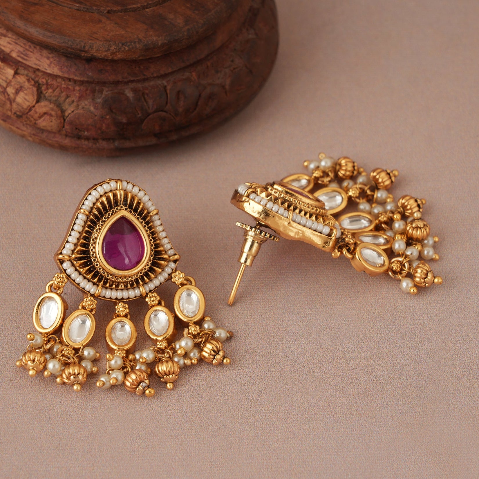 Stunning antique gold kundan stone pearl drop earring
