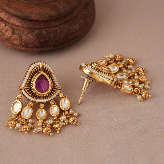 Stunning antique gold kundan stone pearl drop earring