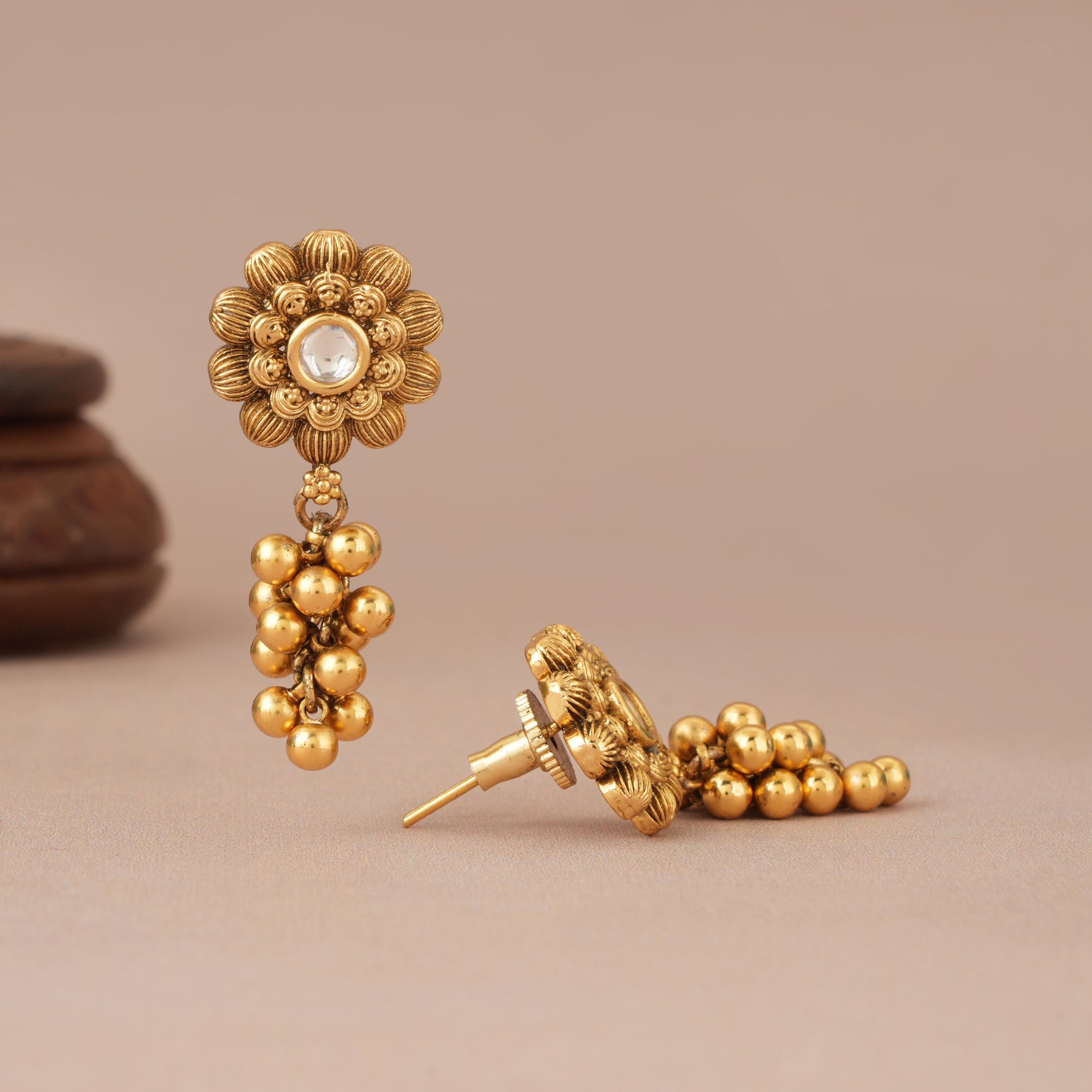 Antique gold balls drop floral kundan earring