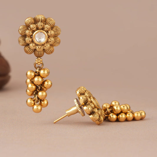 Antique gold balls drop floral kundan earring