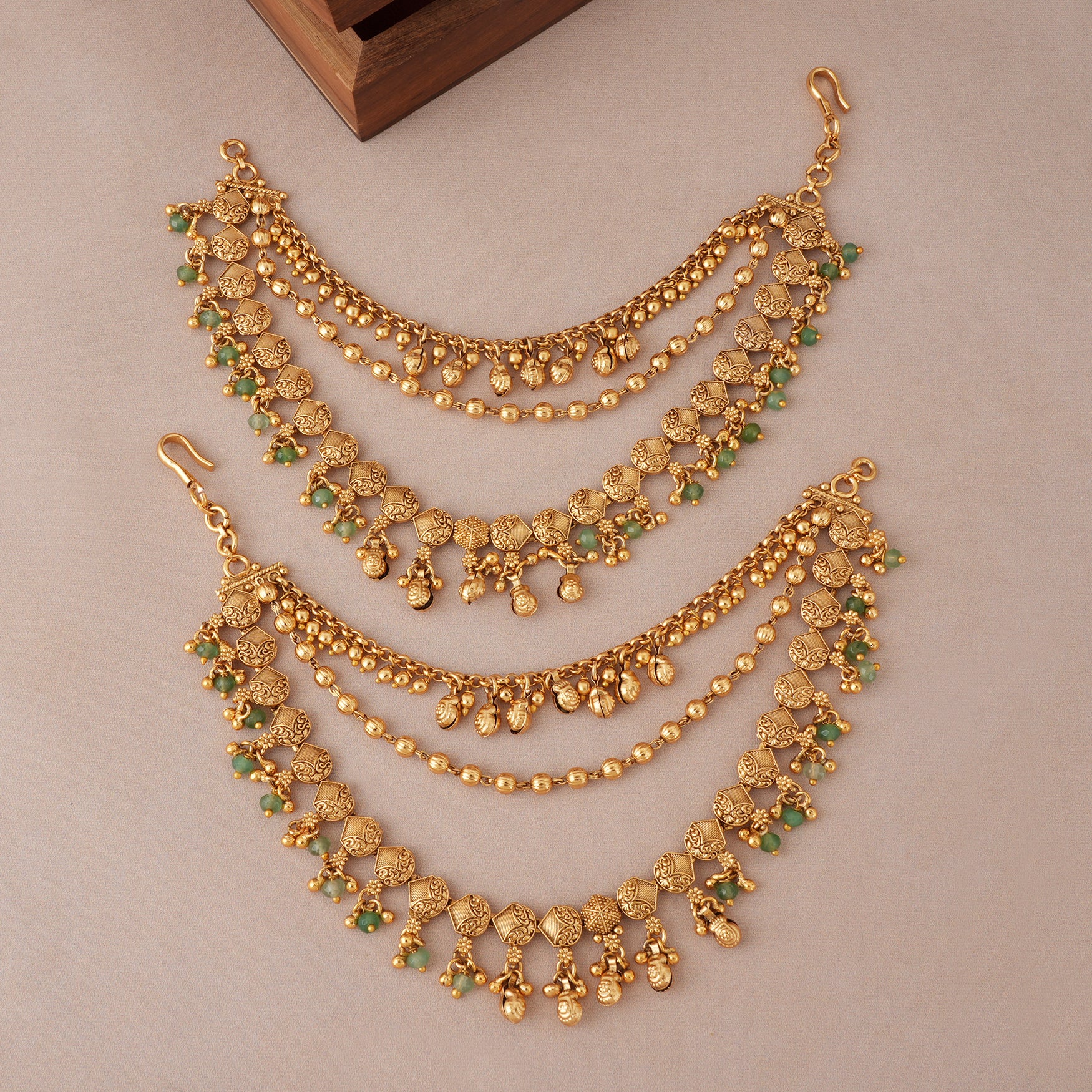 Stunning antique gold 3 layer green stone ear chain