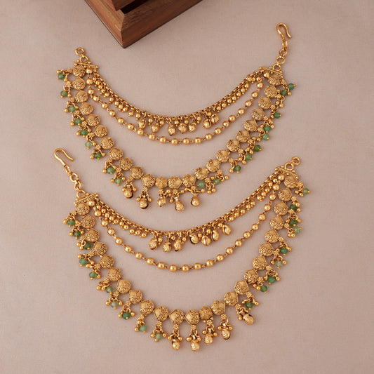 Stunning antique gold 3 layer green stone ear chain